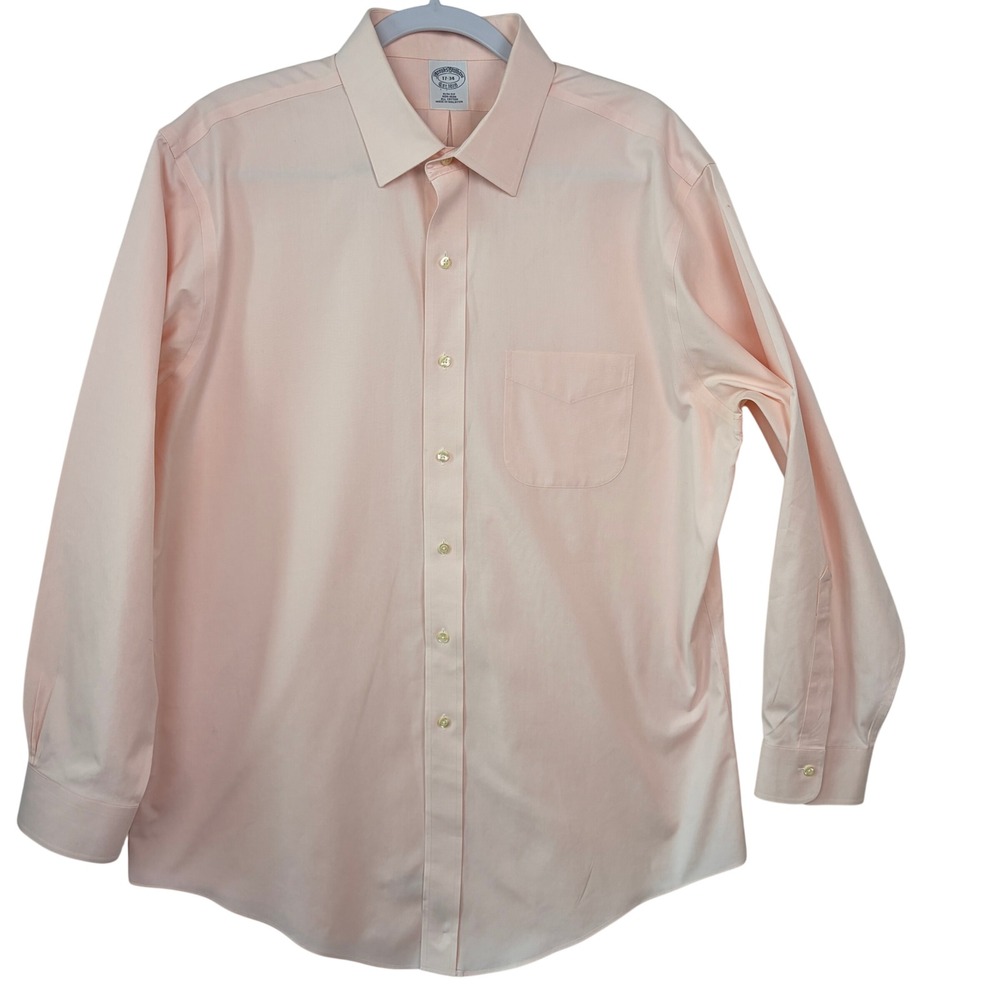 Brooks Brothers Button Front Shirt 17-34 Peach Slim Fit Non-Iron Cotton Mens